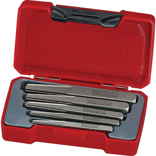 Teng 5 Pc Screw Extractor Square Shank TMSE05S Tapered Designed For Removing Damaged Screws
Suitable For Both Clockwise And Anti-Clockwise Threads
Square Shank And Manufactured In Cr-V 6150 Steel Hardened To Hrc50-52
Use With Drill Sizes 3, 4, 5, 7 And 9Mm
Use With The Tengtools Tap Handle (Tap-Hndl)