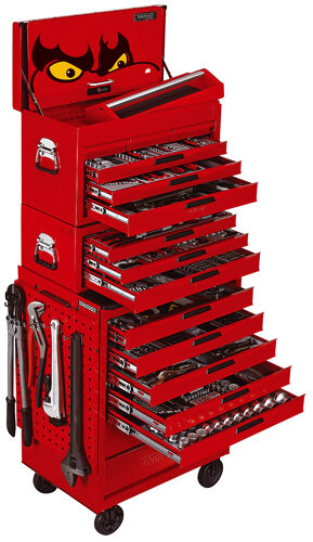 Teng 600 Pc Mega Master Kit TCMM600 A Complete Tool Kit Covering The Many Of The Requirements Of Most Types Of User
The Tools Are Laid Out In Individual Tool Trays Using The Tengtools Get Organised System
Larger Tools Are Fitted To The Removable Free Standing Side Plate For Easier Storage And Use
Easy To See If Any Tools Have Been Mislaid Or Lost Helping To Prevent Leaving Them With The Work Piece
Supplied In A Red Tengtools 16 Drawer Stack System With A Top Box, Middle Box And Roller Cabinet With The Distinctive Tengtools Eyes Logo On The Drop Front Of The Top Box
A Comprehensive Selection Of Tools Using 11 Of The Available 16 Drawers Ensuring That Space Is Still Available To Add To The Kit If Needed