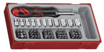 Teng 64Pcs Screwdriver Set TTMDRT64 Comprehensive Selection Of 25Mm 1/4" Drive Hex Bits
Ratcheting Bits Driver With An Adjustable Handle Angle To Create A Pistol Type Grip Driver
Removable Lid And Dove Tail Joints