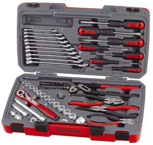 Teng 67 Pc 1/4" & 3/8" Dr Tool Set T3867 Regular 6 Point Single Hexagon Sockets For A Better Grip
A Range Of Combination Spanners, Pliers And Screwdrivers
Chrome Vanadium Satin Finish Sockets And Spanners
A Selection Of Screwdriver, Hex And Tx Bits
Hard Wearing Case With Distinctive Branding
Tools Clearly Laid Out To Easily Identify Which Tool Belongs Where
Designed And Manufactured To Din And Iso Standards