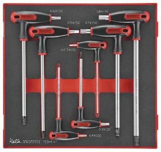 Teng 7Pc Metric T-Handle Set TEDHEX7 Ball Point End On The Long Key End Giving Access At Angles Of Up To 25°
Regular Hex End On The Short Arm Giving The Ability To Apply Higher Torque
Tools Are Held In Place Using Three Colour Pre-Cut Eva Foam
