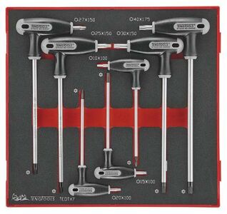 Teng 7Pc T-Handle Tx/Tpx Set TEDTX7 Tpx End On The Long Key End For Use With Tamper Proof Tpx Fastenings
Regular Tx End On The Short Arm Giving The Ability To Apply Higher Torque
Tools Are Held In Place Using Three Colour Pre-Cut Eva Foam