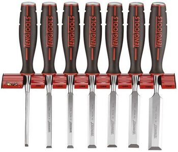 Teng 7Pc Wood Chisel Set WRWC07 Includes A Range Of Blade Sizes From 6 To 25Mm
Finely Ground And Lacquer Protected For Corrosion Protection
Impact Resistant Soft Grip Handle With A Percussion Cap For Striking With A Hammer
Each Chisel Is Supplied With A Plastic Blade Cover For Safer Storage
Supplied With A Wall Rack For Fixing To The Wall Or A Workbench