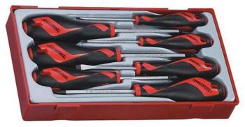 Teng 7 Pc Screwdriver Set Tc-Tray TT917N Tt-Mv Plus Steel Alloy For Greater Strength And Material Flexibilty
Ergonomically Designed Bi-Material Handle For Easy Use With Higher Torque
Hanging Hole In The Handle For Use As A T Handle Or With A Fall Protection Wire
The Handle Is Moulded Around The Blade To Give A Higher Torque Capacity