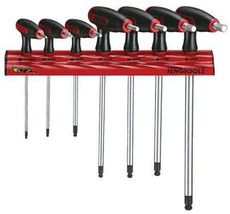 Teng 7 Pc T Handle Ball Hex Drivers Wall Rack Metric WRHEX07 Ball Point End On The Long Key End Giving Access At Angles Of Up To 25°
Regular Hex End On The Short Arm To Apply Higher Torque To Stubborn Fastenings
Supplied With A Wall Rack For Fixing To The Wall Or A Workbench
Template And Fixings Included