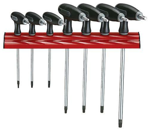 Teng 7 Pc T Handle Torx Drivers On Wall Rack WRTX07 Tpx Type On The Long Key End For Tamper Proof Tx Fastenings
Regular Tx End On The Short Arm To Apply Higher Torque To Stubborn Fastenings
Supplied With A Wall Rack For Fixing To The Wall Or A Workbench