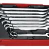 Teng 8 Pc Af Ratchet Spanner Set Tc-Tray TT6508RAF 72 Teeth Ratchet Spanners Giving A 5° Increment Between Clicks
Reversible Ratchet Mechanism With A Flip Reverse Lever
Chrome Vanadium Satin Finish
Designed And Manufactured To Din Iso 1711-1 And Din 3113A