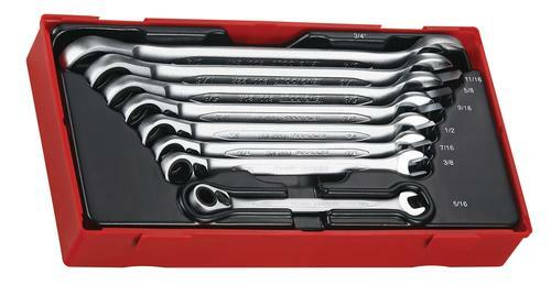 Teng 8 Pc Af Ratchet Spanner Set Tc-Tray TT6508RAF 72 Teeth Ratchet Spanners Giving A 5° Increment Between Clicks
Reversible Ratchet Mechanism With A Flip Reverse Lever
Chrome Vanadium Satin Finish
Designed And Manufactured To Din Iso 1711-1 And Din 3113A
