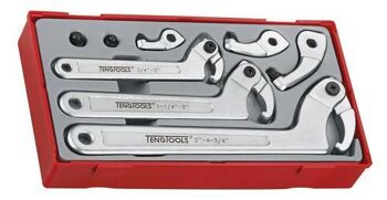 Teng 8 Pc Hook & Pin Wrench Set Tc-Tray TTHP08 Includes A Range Of Handles, Pin And Hook Adaptors
Chrome Vanadium Satin Finish
To Be Used For Nuts Designed And Manufactured To Din1804 & 1816
Wrench Manufactured To Din1810