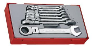 Teng 8 Pc Metric Flex Ratchet Spanners Tc-Tray TT6508RF 72 Teeth Ratchet Spanners Giving A 5° Increment Between Clicks
Flexible Head For Use At An Angle Or For Reversing The Direction Of Use When Ratcheting
Chrome Vanadium Satin Finish
Removable Lid And Dove Tail Joints