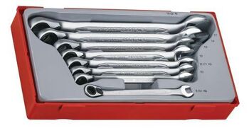 Teng 8 Pc Metric Ratchet Spanner Set Tc-Tray TT6508R 72 Teeth Ratchet Spanners Giving A 5° Increment Between Clicks
Reversible Ratchet Mechanism With A Flip Reverse Lever
Tengtools Hip Grip Design On The Ring End
Chrome Vanadium Satin Finish
Designed And Manufactured To Din Iso 1711-1 And Din 3113A