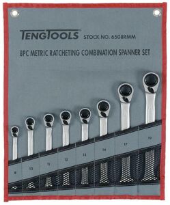 Teng 8 Pc Spanner Set Metric Rgw 6508RMM 72 Teeth Ratchet Spanners Giving A 5° Increment Between Clicks
Reversible Ratchet Mechanism With Hip Grip & Flip Reverse Lever
Chrome Vanadium Satin Finish
Supplied In A Handy Tool Roll Style Wallet
Designed And Manufactured To Din3113A