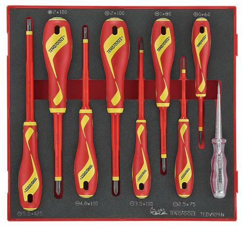 Teng 9Pc 1000V Screwdriver Set TEDV909N Approved For Live Working Up To 1,000 Volts
Integrated Protective Insulation With Two Colours To Clearly Indicate If There Is Any Damage
A 100-250 Volt Tester Is Also Included For Checking Circuits
Tools Are Held In Place Using Three Colour Pre-Cut Eva Foam
Designed And Manufactured To Din Iso 8764-1, Din5264 And Iec60900