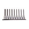Teng 9 Pc 1/2" Dr Long Torx Socket Set M1214TX Chrome Vanadium
S2 Steel Bits Pressed Into The Socket
Satin Finish For A Better Grip When Handling The Socket
Ball Recess On The Female End To Grip The Ratchet
Designed For Use With Fastenings With A Tx Hole
Supplied On A Metal Clip Rail