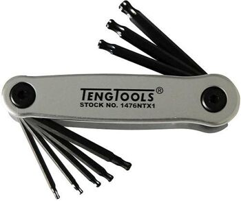 Teng Ball End Torx Folding Set T9-T40 1476NTX1 Chrome Vanadium Steel With A Black Finish
Retractable Keys Held In A Fold Up Aluminium Holder
Designed And Manufactured To Din2936