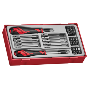 Teng Bits And Drivers Set 38 Pcs TTMDQ38 An Extensive Range Of 1/4" Hex Drive 25Mm Screwdriver Bits
2 Quick Chuck Bit Driver Handles Included Giving A Choice Of Shaft Lengths
Removable Lid And Dove Tail Joints