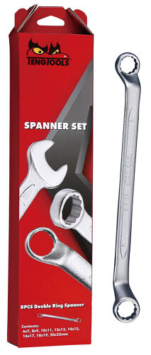 Teng Double Ring Spanner Set 6-22Mm 6308 Different Size At Each End To Give 16 Sizes In Total
Double Curved Heads Offset At 75° For Easier Use On Flat Surfaces
Chrome Vanadium Satin Finish
Tengtools Hip Grip Design For Contact With The Flat Side Of The Fastening
Designed And Manufactured To Din 838