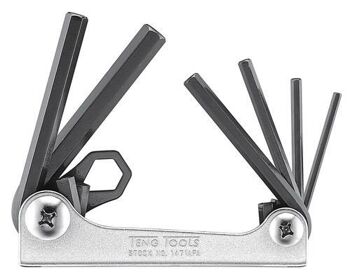 Teng Hex Key Folding 6Pc 1/8-3/8  1471AFA Chrome Vanadium Steel With A Black Finish
Retractable Keys Held In A Fold Up Chromed Holder
Features A Fold Out Ring Connector For Use With A Safety Wire For Added Security When Working At Heights