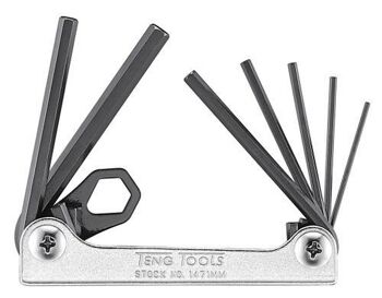 Teng Hex Key Folding 7Pc 1.5-6Mm  1471MM Chrome Vanadium Steel With A Black Finish
Retractable Keys Held In A Fold Up Chromed Holder
Features A Fold Out Ring Connector For Use With A Safety Wire For Added Security When Working At Heights