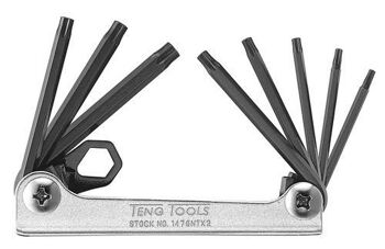 Teng Hex Key Txfolding 8Pc T9-T10  1476NTX2 Chrome Vanadium Steel With A Black Finish
Retractable Keys Held In A Fold Up Aluminium Holder
Designed And Manufactured To Din2936