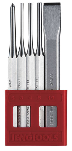 Teng Punch-Chisel Set 5Pc PCX05 Includes A Cold Chisel, Centre Punch And 3 Parallel Pin Punches
Special Tempered Steel Construction With Hardened Cutting Edges And Points For Longer Life
Supplied In A Handy Storage Holder