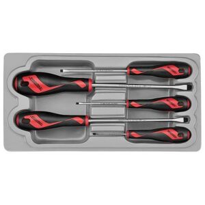 Teng Screwdriver Set 5 Pieces Flat/Slotted MD906N5 Tt-Mv Plus Steel Alloy For Greater Strength And Material Flexibilty
Ergonomically Designed Bi-Material Handle For Easy Use With Higher Torque And Faster Speed
Hole In The Handle For Hanging Or For Use As A T Handle For Extra Torque Or With A Fall Protection Wire If Needed
The Handle Is Moulded Around The Blade To Ensure Straightness And To Allow Larger Blade Wings Which Give A Higher Torque Capacity
Supplied In A Full Colour Display Box With Ps Tray