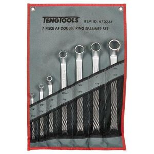 Teng Spanner Set Double Ring 7 Pieces Af 6707AF Different Size At Each End To Give 22 Sizes In Total
Double Curved Heads Offset At 75° For Easier Use On Flat Surfaces
Chrome Vanadium Satin Finish
Tengtools Hip Grip Design For Contact With The Flat Side Of The Fastening
Designed And Manufactured To Din838
